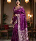 Banarasi semi silk mashru saree in purple colour with silverzari booti with tanchoi work