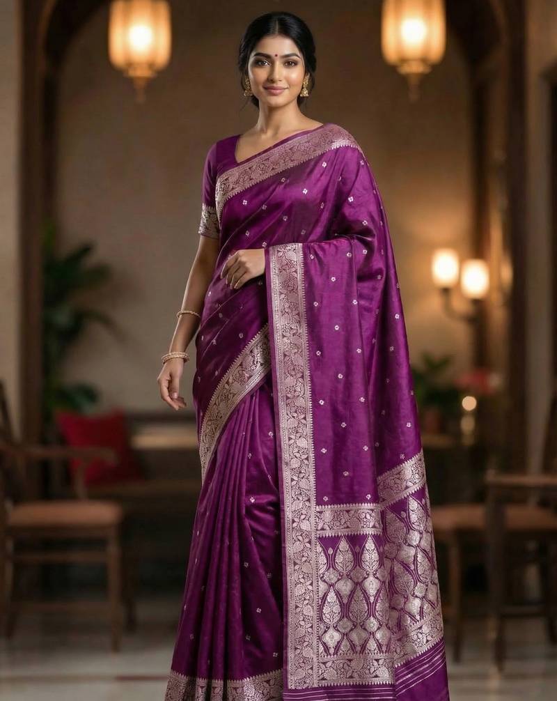 Banarasi semi silk mashru saree in purple colour with silverzari booti with tanchoi work