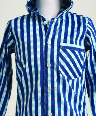 Blue woven cotton hooded shirt 1