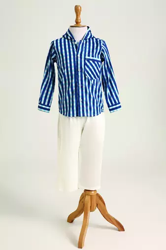 Blue woven cotton hooded shirt
