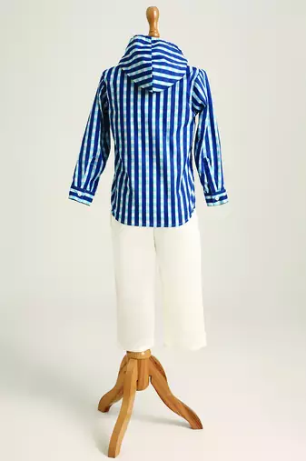 Blue woven cotton hooded shirt