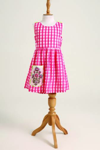 Pink printed checks cotton dress