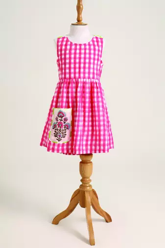 Pink printed checks cotton dress