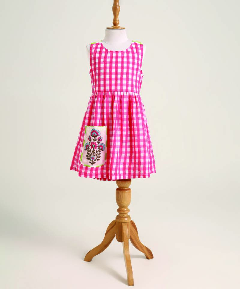 Pink printed checks cotton dress