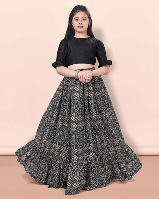 Black & beige printed pattern cotton blend top & lehenga crop flared lehenga set girls ethnic wear kids lehenga choli 1