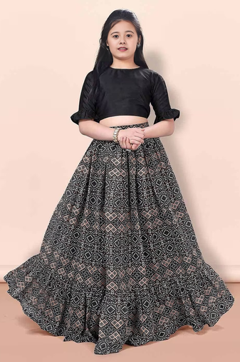 Black & beige printed pattern cotton blend top & lehenga crop flared lehenga set girls ethnic wear kids lehenga choli
