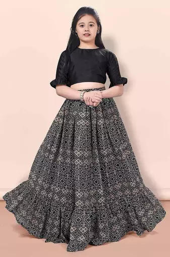 Black & beige printed pattern cotton blend top & lehenga crop flared lehenga set girls ethnic wear kids lehenga choli