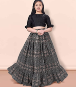 Black & beige printed pattern cotton blend top & lehenga crop flared lehenga set girls ethnic wear kids lehenga choli