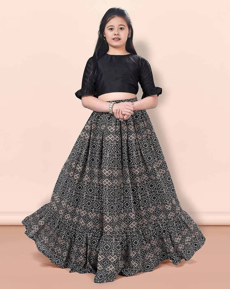 Black & beige printed pattern cotton blend top & lehenga crop flared lehenga set girls ethnic wear kids lehenga choli