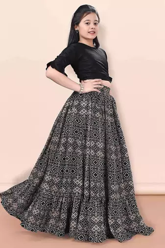Black & beige printed pattern cotton blend top & lehenga crop flared lehenga set girls ethnic wear kids lehenga choli