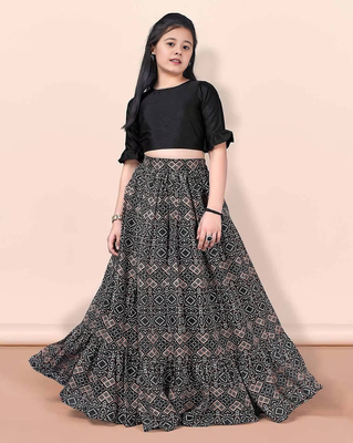 Black & beige printed pattern cotton blend top & lehenga crop flared lehenga set girls ethnic wear kids lehenga choli 3