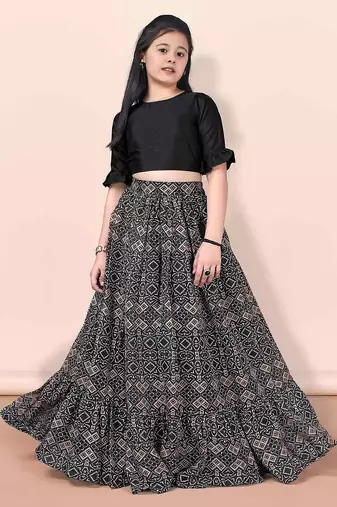 Black & beige printed pattern cotton blend top & lehenga crop flared lehenga set girls ethnic wear kids lehenga choli