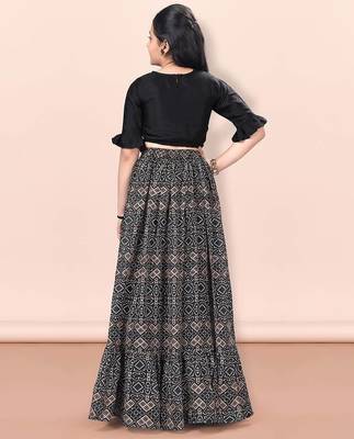 Black & beige printed pattern cotton blend top & lehenga crop flared lehenga set girls ethnic wear kids lehenga choli 4