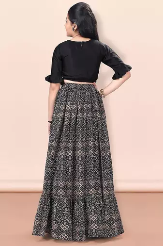 Black & beige printed pattern cotton blend top & lehenga crop flared lehenga set girls ethnic wear kids lehenga choli