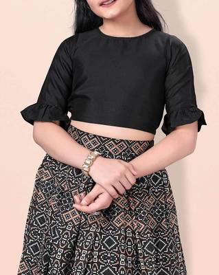 Black & beige printed pattern cotton blend top & lehenga crop flared lehenga set girls ethnic wear kids lehenga choli 5
