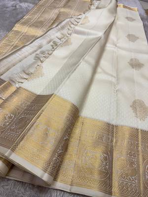 Banarasi Soft Silk White Color Woven Saree With Blouse Set For Women's 2