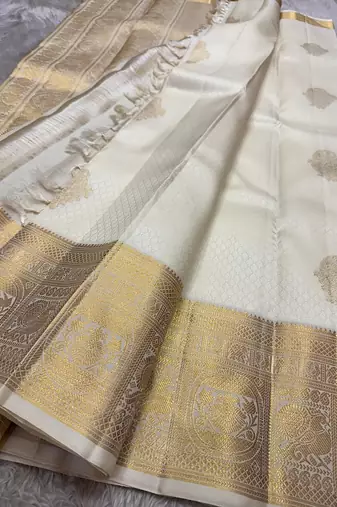 Banarasi Soft Silk White Color Woven Saree With Blouse Set For Women's