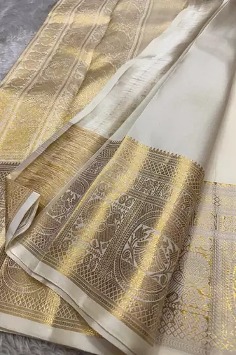 Banarasi Soft Silk White Color Woven Saree With Blouse Set For Women's