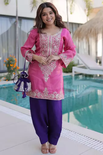 Pink ready made top pant set with batwa – viscose sequins & zari embroidered kurti with roman pants