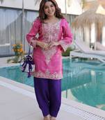 Pink ready made top pant set with batwa viscose sequins & zari embroidered kurti with roman pants