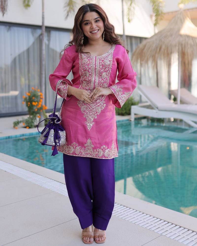 Pink ready made top pant set with batwa – viscose sequins & zari embroidered kurti with roman pants