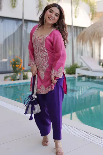 Pink ready made top pant set with batwa viscose sequins & zari embroidered kurti with roman pants