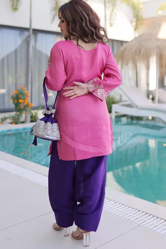 Pink ready made top pant set with batwa viscose sequins & zari embroidered kurti with roman pants