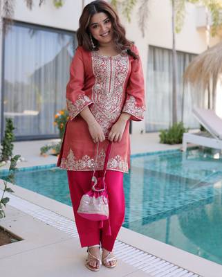 Red ready made top pant set with batwa viscose sequins & zari embroidered kurti with roman pants 1