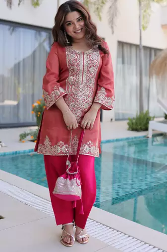 Red ready made top pant set with batwa – viscose sequins & zari embroidered kurti with roman pants