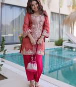 Red ready made top pant set with batwa viscose sequins & zari embroidered kurti with roman pants