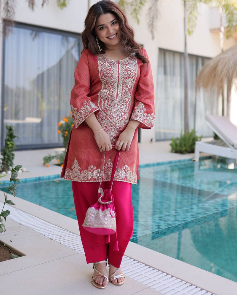 Red ready made top pant set with batwa – viscose sequins & zari embroidered kurti with roman pants