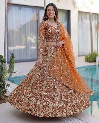 ORANGE COLOR Butterfly Net Lehenga Choli with Sequins & Cording Embroidery   Bridal & Party Wear Set with Dupatta 1