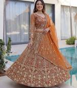 ORANGE COLOR  Butterfly Net Lehenga Choli with Sequins & Cording Embroidery     Bridal & Party Wear Set with Dupatta
