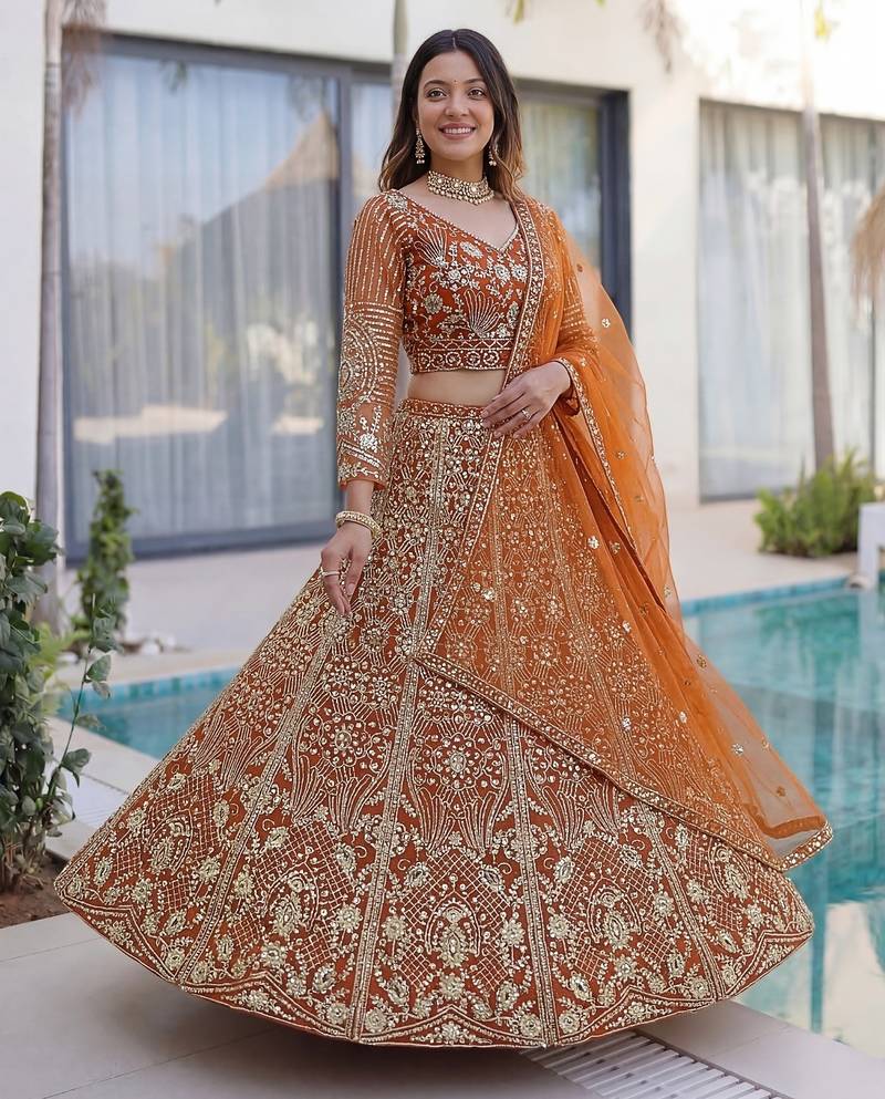 ORANGE COLOR  Butterfly Net Lehenga Choli with Sequins & Cording Embroidery – Bridal & Party Wear Set with Dupatta