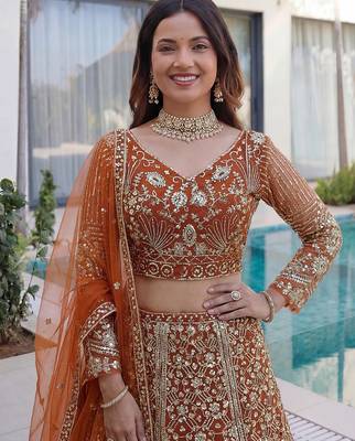 ORANGE COLOR Butterfly Net Lehenga Choli with Sequins & Cording Embroidery   Bridal & Party Wear Set with Dupatta 2