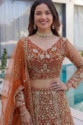ORANGE COLOR  Butterfly Net Lehenga Choli with Sequins & Cording Embroidery     Bridal & Party Wear Set with Dupatta
