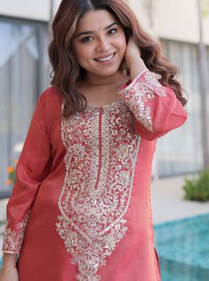 Red ready made top pant set with batwa viscose sequins & zari embroidered kurti with roman pants 2