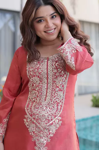 Red ready made top pant set with batwa viscose sequins & zari embroidered kurti with roman pants