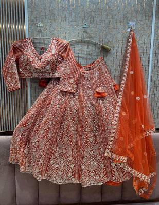 ORANGE COLOR Butterfly Net Lehenga Choli with Sequins & Cording Embroidery   Bridal & Party Wear Set with Dupatta 3