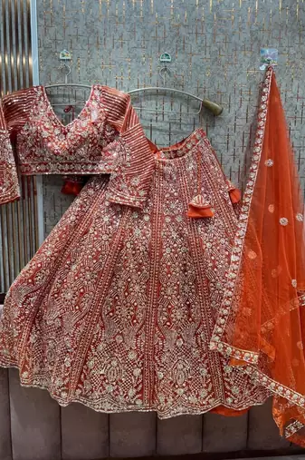 ORANGE COLOR  Butterfly Net Lehenga Choli with Sequins & Cording Embroidery     Bridal & Party Wear Set with Dupatta