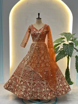 ORANGE COLOR Butterfly Net Lehenga Choli with Sequins & Cording Embroidery   Bridal & Party Wear Set with Dupatta 4