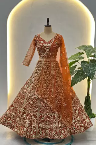 ORANGE COLOR  Butterfly Net Lehenga Choli with Sequins & Cording Embroidery     Bridal & Party Wear Set with Dupatta