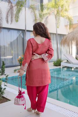 Red ready made top pant set with batwa viscose sequins & zari embroidered kurti with roman pants 3