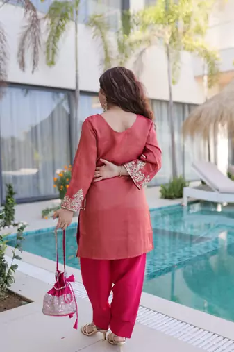 Red ready made top pant set with batwa viscose sequins & zari embroidered kurti with roman pants