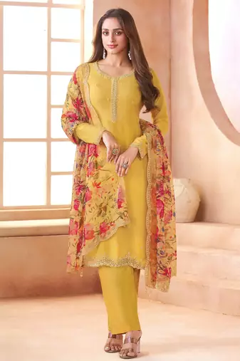 Yellow heavy chiffon semi-stitched suit with beads work & digital print dupatta – premium ethnic wear