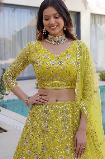 LEMON YELLOW Butterfly Net Lehenga Choli with Sequins & Cording Embroidery     Bridal & Party Wear Set with Dupatta