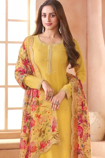 Yellow heavy chiffon semi-stitched suit with beads work & digital print dupatta   premium ethnic wear