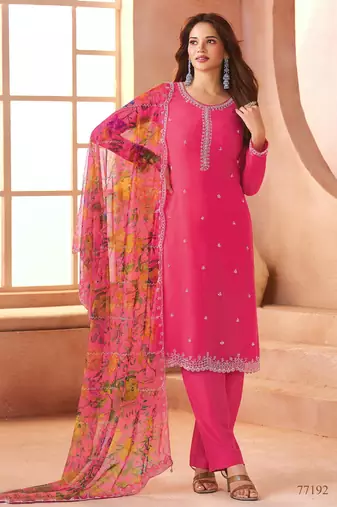 Pink heavy chiffon semi-stitched suit with beads work & digital print dupatta – premium ethnic wear