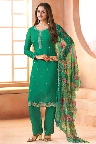 Teal green heavy chiffon semi-stitched suit with beads work & digital print dupatta – premium ethnic wear
