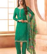 Teal green heavy chiffon semi-stitched suit with beads work & digital print dupatta     premium ethnic wear
